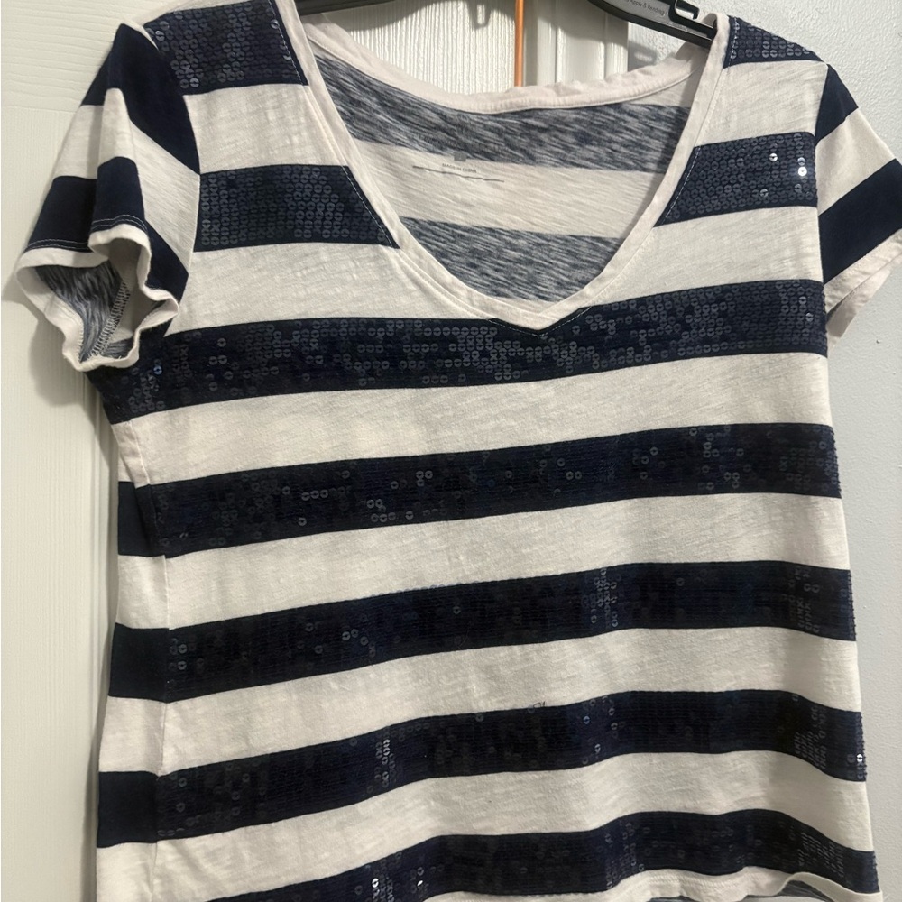Style & Co. Navy and White Sequin Striped Tee